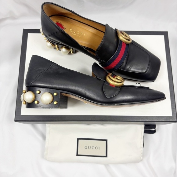 Gucci Peyton GG Pearl Block Heel Square Toe Loafers Black EU 36.5